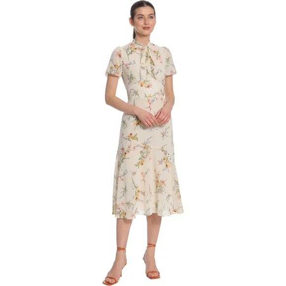 Maggy London Neck Tie Floral Print Midi Sheath Dress